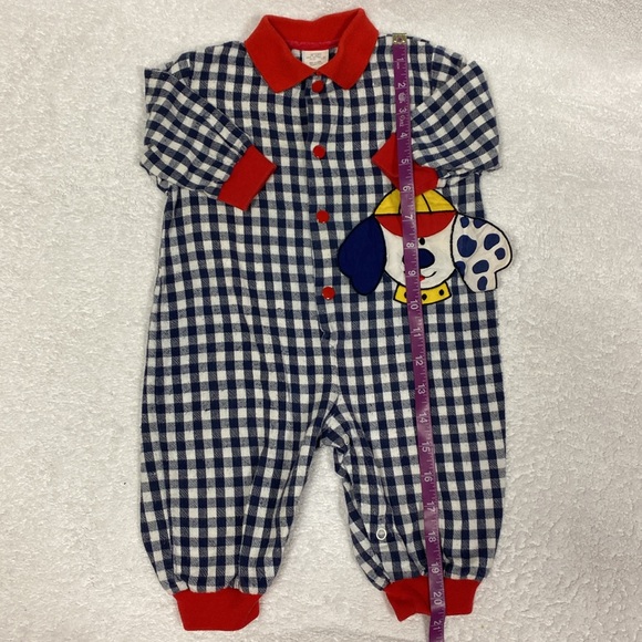 Vintage 90’s navy white checked dog romper polo style red collar and cuffs 6/9 - Picture 2 of 6